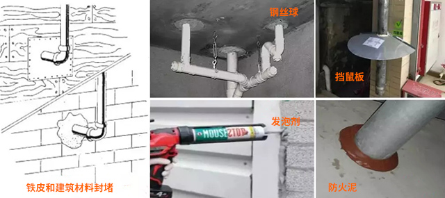 采用建筑材料防火泥、发泡剂、钢丝球、挡水板封堵