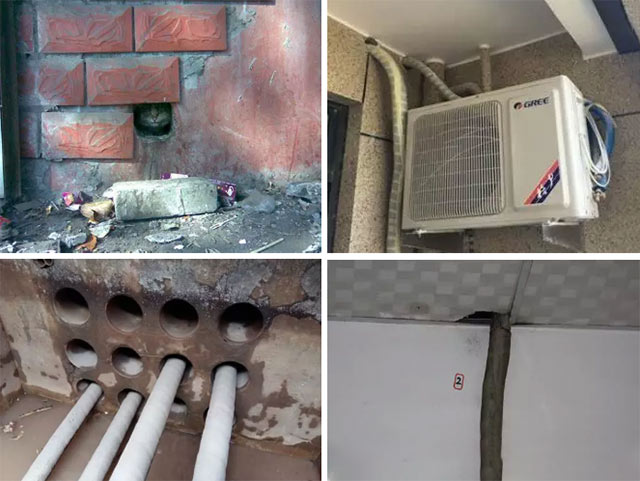 常见的墙体孔洞有破损的墙基、门缝、空调/水管/电缆/风机等设备管线穿墙孔洞、破损的天花板等。