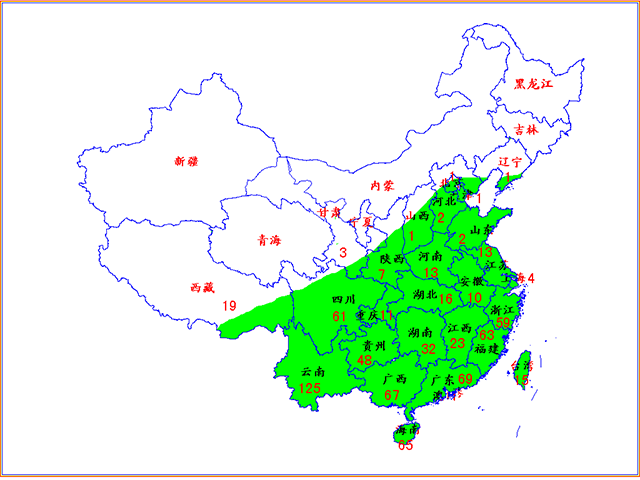 中国白蚁分布图(绿色部分，图中数字为各省、市、自治区分布的 白蚁种类数)